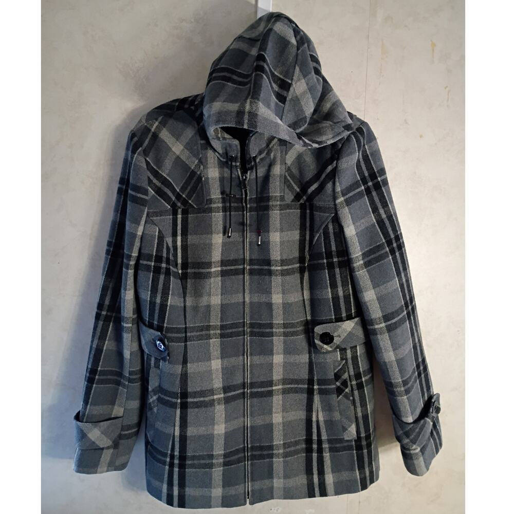 Plaid Hooded Wool Blend Coat Utility Heritage Jacket Covington Large Black Gray